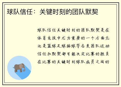 球队信任：关键时刻的团队默契