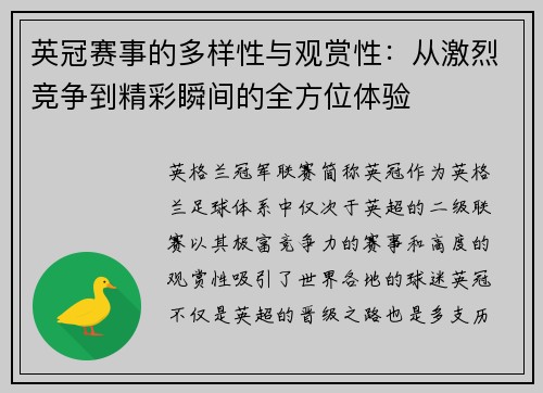英冠赛事的多样性与观赏性:从激烈竞争到精彩瞬间的全方位体验 英冠赛事的多样性与观赏性:从激烈竞争到精彩瞬间的全方位体验